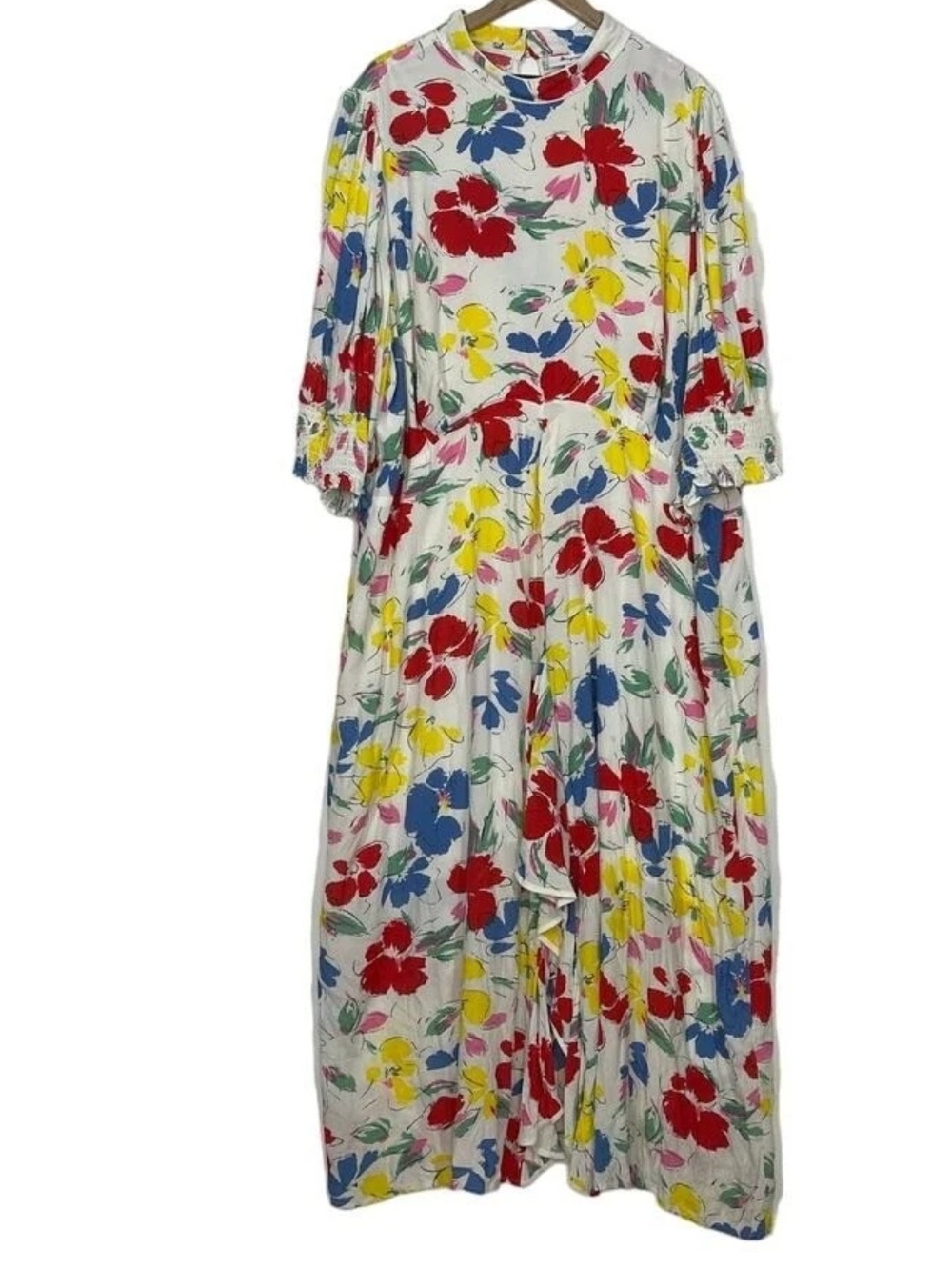 RIXO White Maxi Dress with Red, Yellow & Blue Floral Print